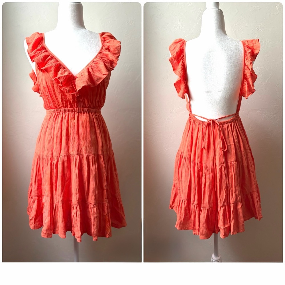 Olivaceous Coral Ruffle Open Back Dress Size Small